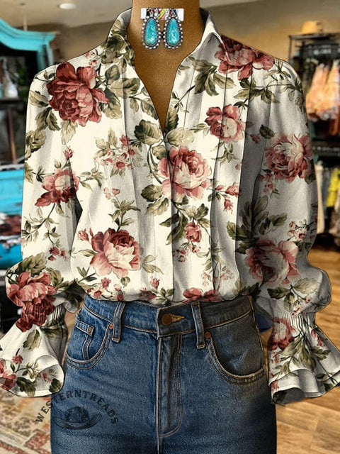 Women's Retro Rose Pattern Print Casual Cotton And Linen Shirt