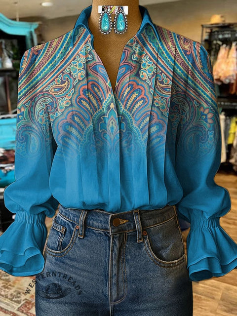Women's Retro Paisley Pattern Print Casual Cotton And Linen Shirt