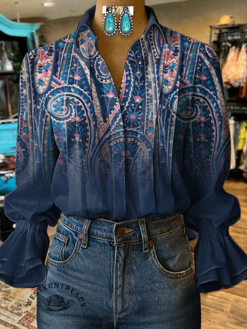 Women's Retro Floral Paisley Pattern Print Casual Cotton And Linen Shirt