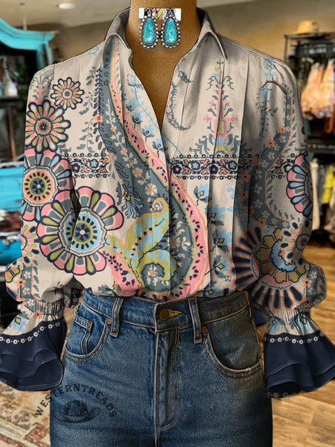 Women's Paisley Pattern Print Casual Cotton And Linen Shirt
