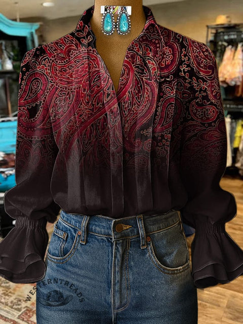Women's Retro Dark Paisley Pattern Print Casual Cotton And Linen Shirt