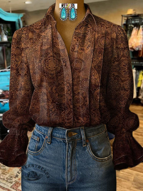 Women's Retro Pattern Print Casual Cotton And Linen Shirt