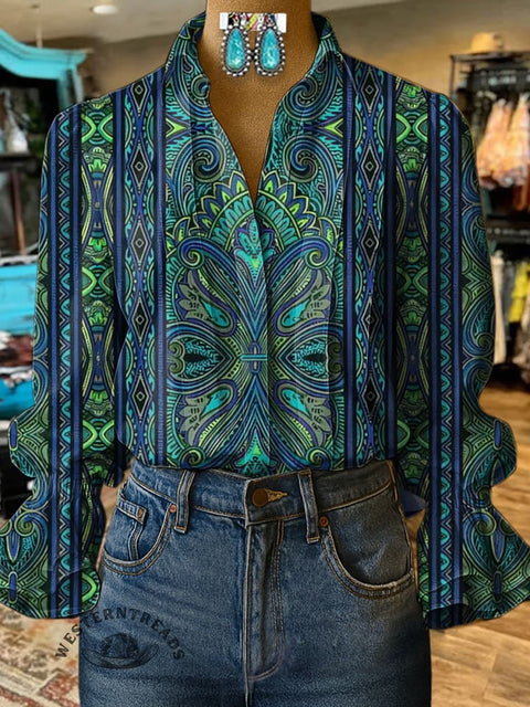 Women's Retro Turquoise Pattern Print Casual Cotton And Linen Shirt