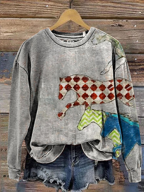 Horse Texture Print Casual Cotton Sweatshirt