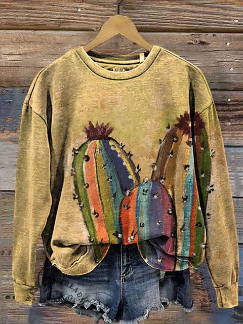 Retro Catcus Art Print Casual Cotton Sweatshirt
