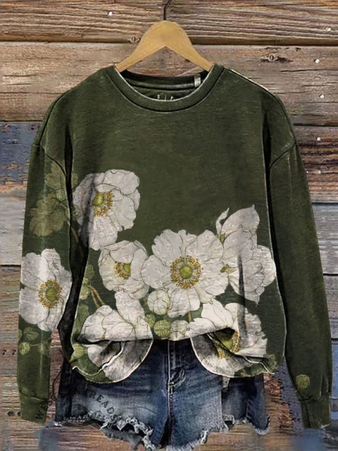 Retro Flower Pattern Print Casual Cotton Sweatshirt