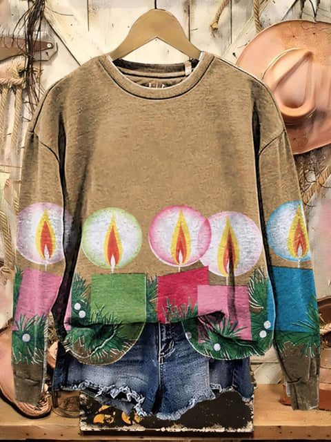 Retro Christmas Candle Print Casual Cotton Sweatshirt