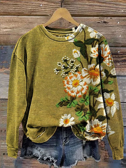 Retro Floral Embroidery Print Casual Cotton Sweatshirt