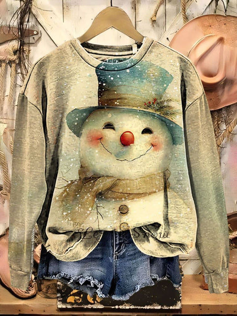 Retro Christmas Snowman Print Casual Cotton Sweatshirt