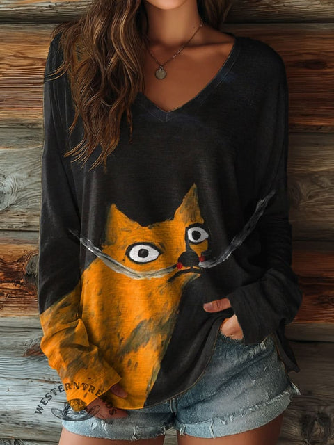 Women's Funny Cat Print Casual V-neck Long Sleeve T-shirt