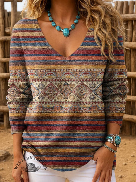 Women's Retro Ethnic Pattern Casual Pullover Sweater