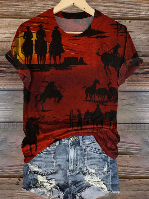Retro Wild Cowboys Print T-shirt