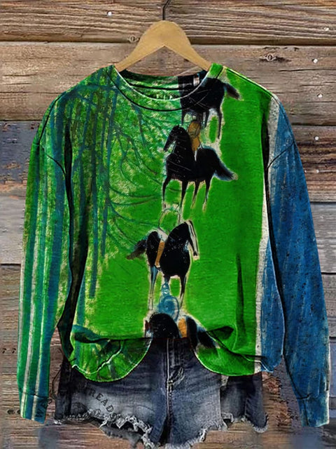 Retro Horse Art Casual Cotton Sweatshirt
