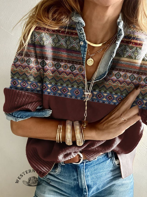 Women's Retro Pattern Casual V-neck Pullover Knit