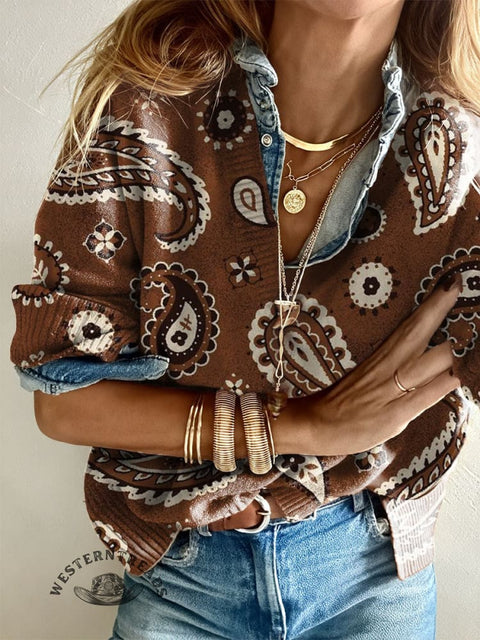 Women's Boho Print Casual V-neck Pullover Knit