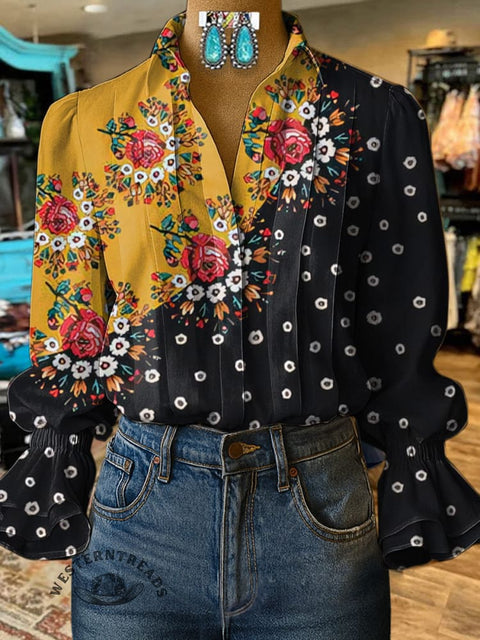 Women's Floral Polka Dot Print Casual  Cotton And Linen Shirt