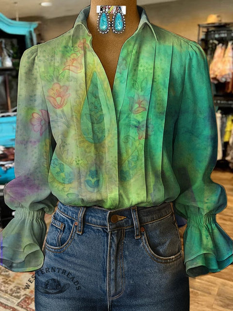 Women's Retro Art Print Casual  Cotton And Linen Shirt