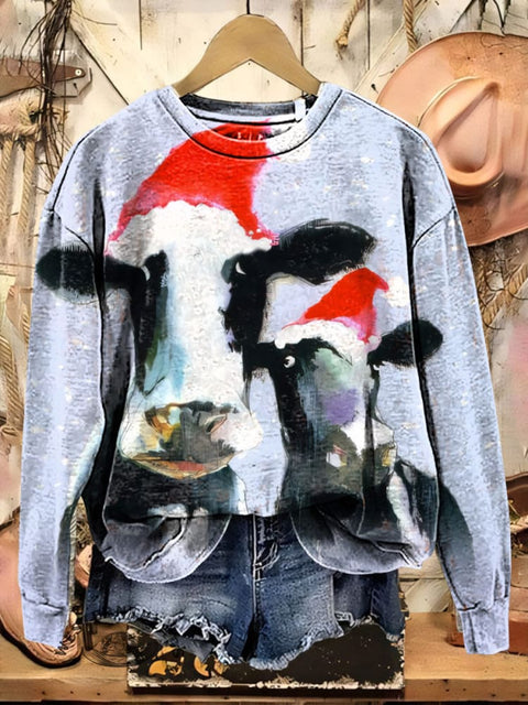 Christmas Cow Art Casual Cotton Sweatshirt