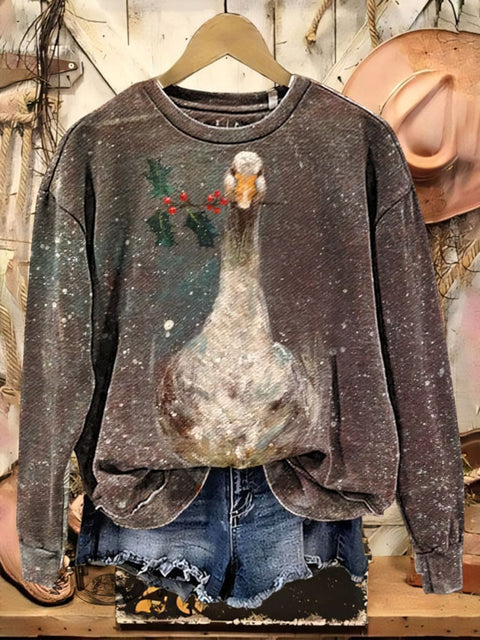 Retro Christmas Goose Casual Cotton Sweatshirt