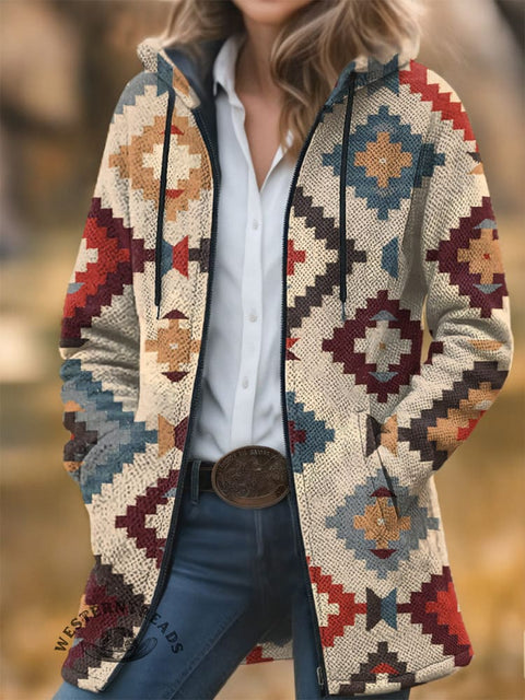 Simple Aztec Unisex Plush Thick Long-Sleeved Cardigan Coat