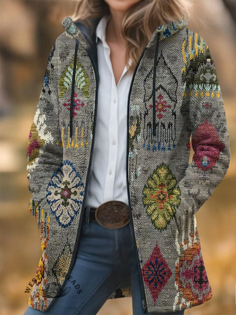 Retro Aztec Unisex Plush Thick Long-Sleeved Cardigan Coat