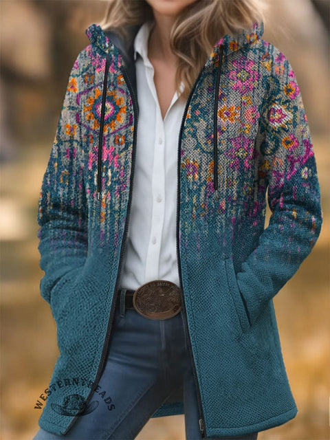 Aztec Texture Unisex Plush Thick Long-Sleeved Cardigan Coat
