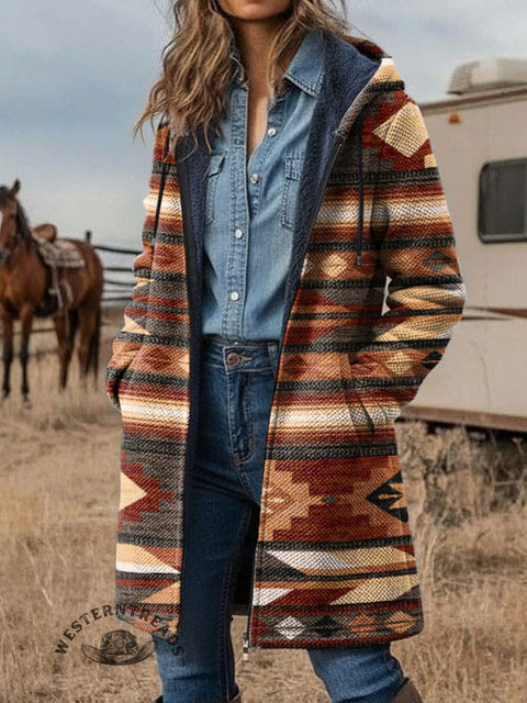 Retro Aztec Unisex Plush Thick Long-Sleeved Cardigan Coat