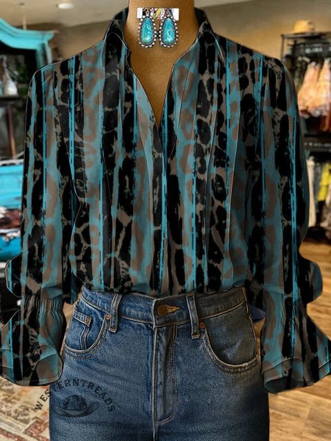 Women's Lepord Turquoise Print Casual  Cotton And Linen Shirt