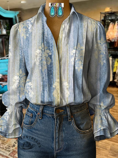 Women's Stripe Pattern Print Casual  Cotton And Linen Shirt
