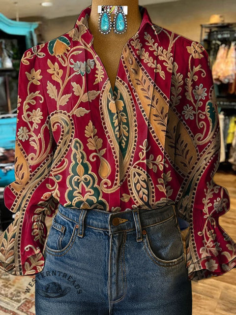 Women's Retro Paisley Floral Print Casual  Cotton And Linen Shirt