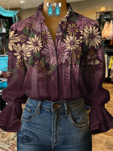 Women's Floral Print Casual  Cotton And Linen Shirt