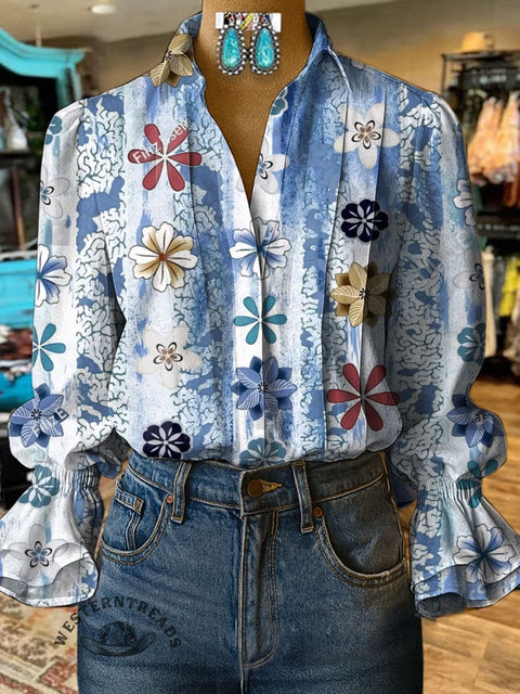 Women's Floral Stripe Print Casual  Cotton And Linen Shirt