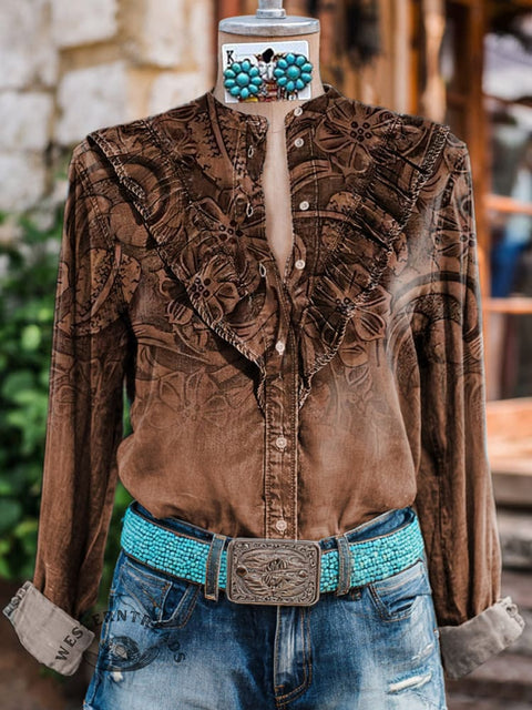 Women's Leather Embossing Pattern Print Casual Cotton And Linen Shirt