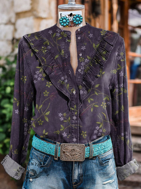 Women's Retro Floral Pattern Print Casual Cotton And Linen Shirt
