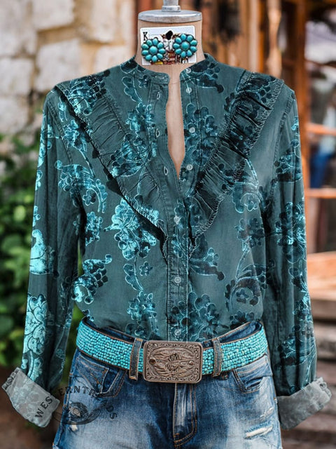Women's Floral Print Casual Cotton And Linen Shirt