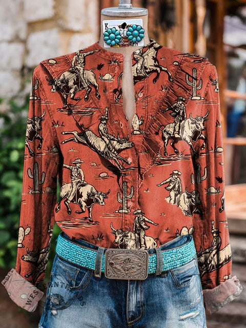 Women's Retro Cowboys Pattern Print Casual Cotton And Linen Shirt