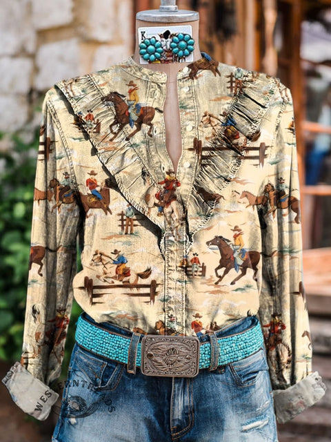 Women's Western Ranch Pattern Print Casual Cotton And Linen Shirt