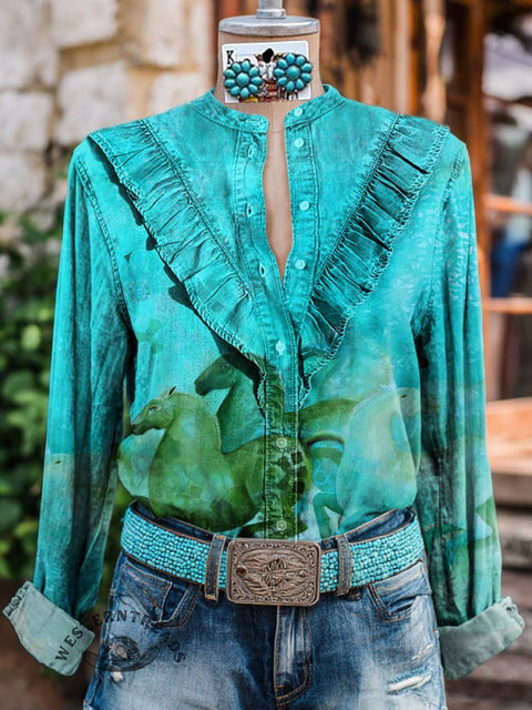 Women's Retro Horse Print Casual Cotton And Linen Shirt