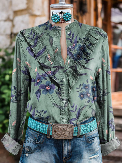 Women's Floral Print Casual Cotton And Linen Shirt