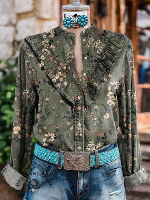 Women's Retro Floral Print Casual Cotton And Linen Shirt