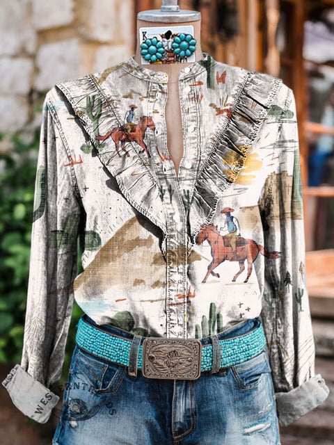 Women's Wild West Print Casual Cotton And Linen Shirt