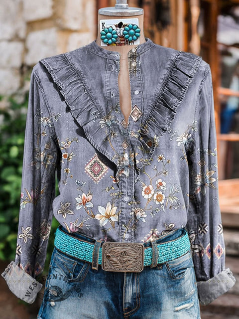 Women's Floral Print Casual Cotton And Linen Shirt