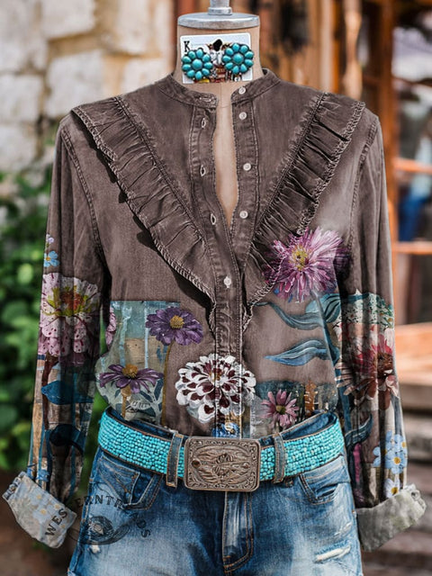 Women's Retro Floral Print Casual Cotton And Linen Shirt