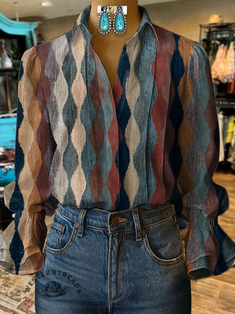 Women's Retro Pattern Print Casual  Cotton And Linen Shirt