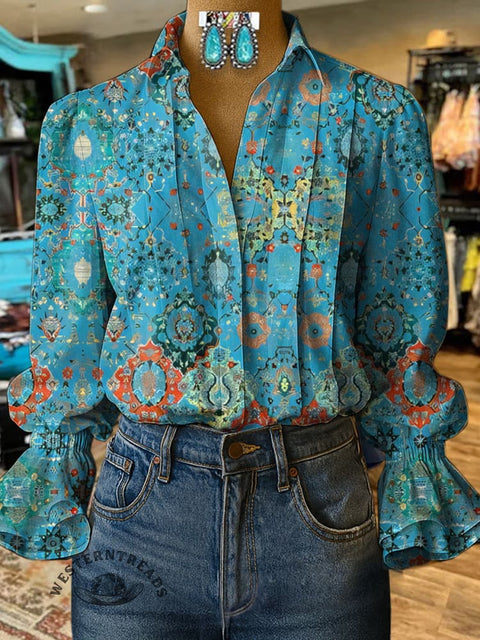Women's Retro Pattern Print Casual  Cotton And Linen Shirt