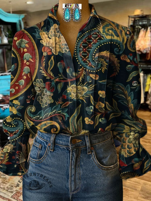 Women's Retro Floral Print Casual  Cotton And Linen Shirt