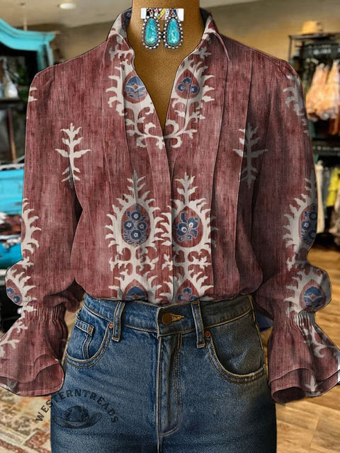 Women's Retro Pattern Print Casual  Cotton And Linen Shirt