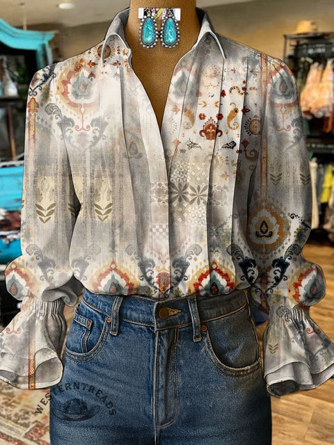 Women's Retro Pattern Print Casual  Cotton And Linen Shirt