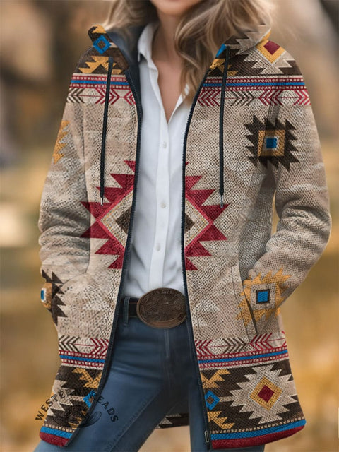 Retro Aztec Unisex Plush Thick Long-Sleeved Cardigan Coat