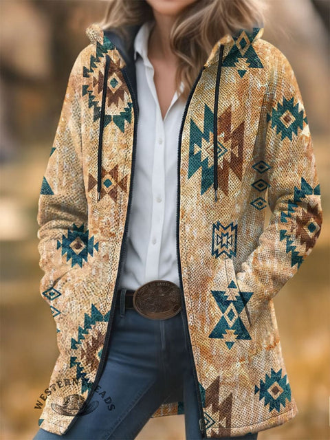 Retro Aztec Unisex Plush Thick Long-Sleeved Cardigan Coat